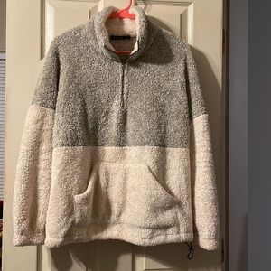 Green/cream fuzzy 1/4 zip with waist cinch